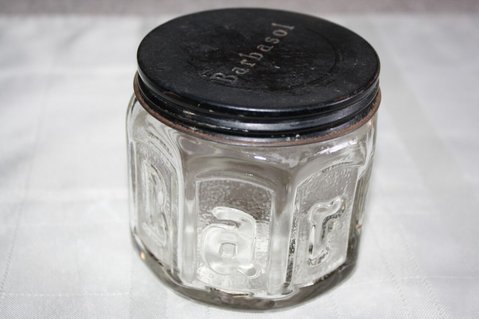 Vintage Antique Barbasol Shaving Cream Embossed Glass Jar w/Lid