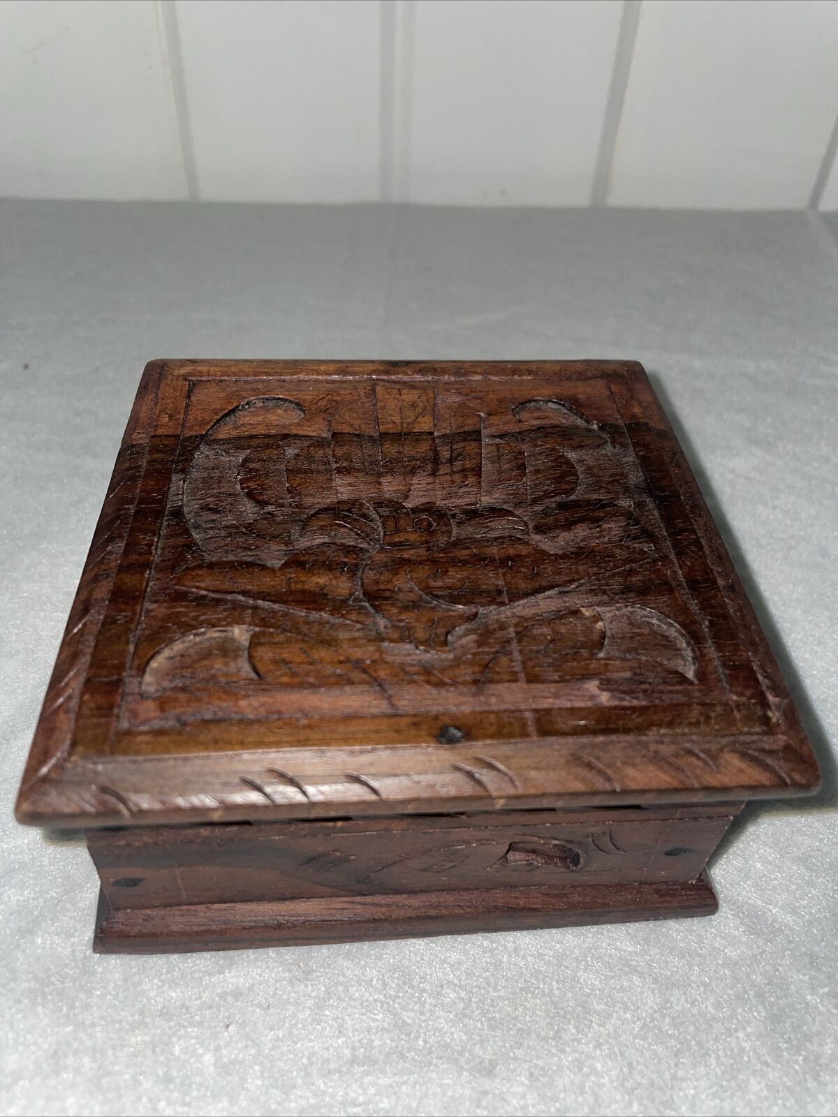 antique wood carved trinket box