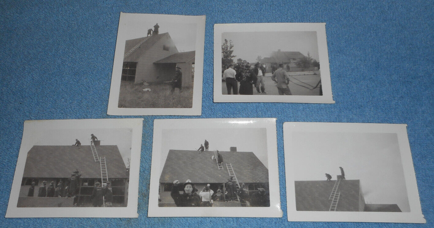 1955 Polaroid Photos Levittown Fire Department Firefighters House Roof Blaze NY