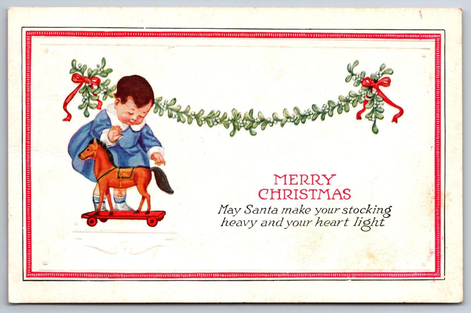 Merry Christmas ~ May Santa Child with Horse on Wheels Embossed Unused Postcard