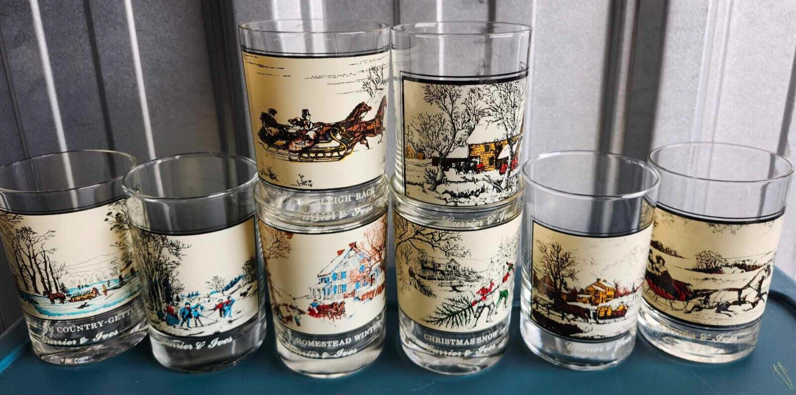 Vintage Currier And Ives Drinking Tumbler Glasses (8) 1978 With Winter Scenes