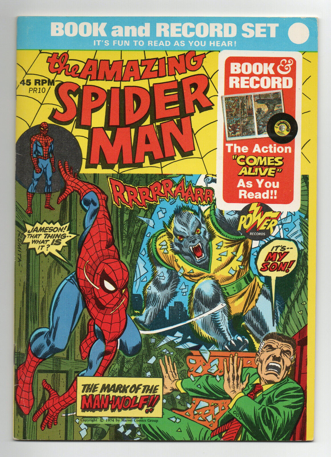 The Amazing Spider-Man Book & Record Vinyl 45 RPM Mark of the Man-Wolf 1974 PR10