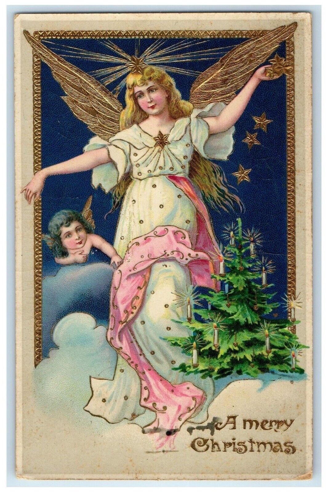 1915 Christmas Tree Floating Angel Gel Gold Gilt Springfield Minnesota Postcard