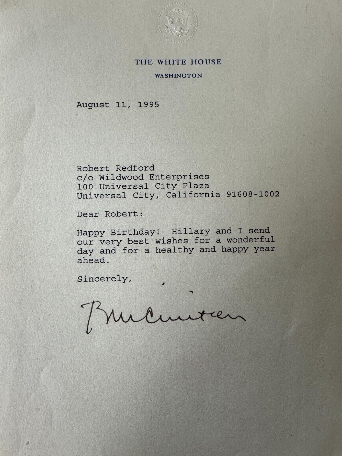 Bill Clinton signed white House Letter to Robert Redford August 11th, 1995