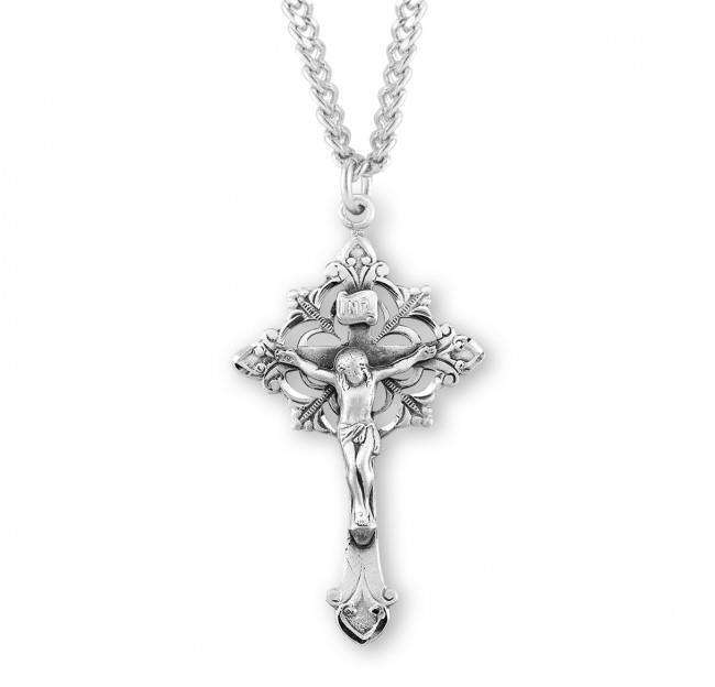 Floral Filigree Sterling Silver Crucifix 1.7in x 1.0in Features 24in Long chain