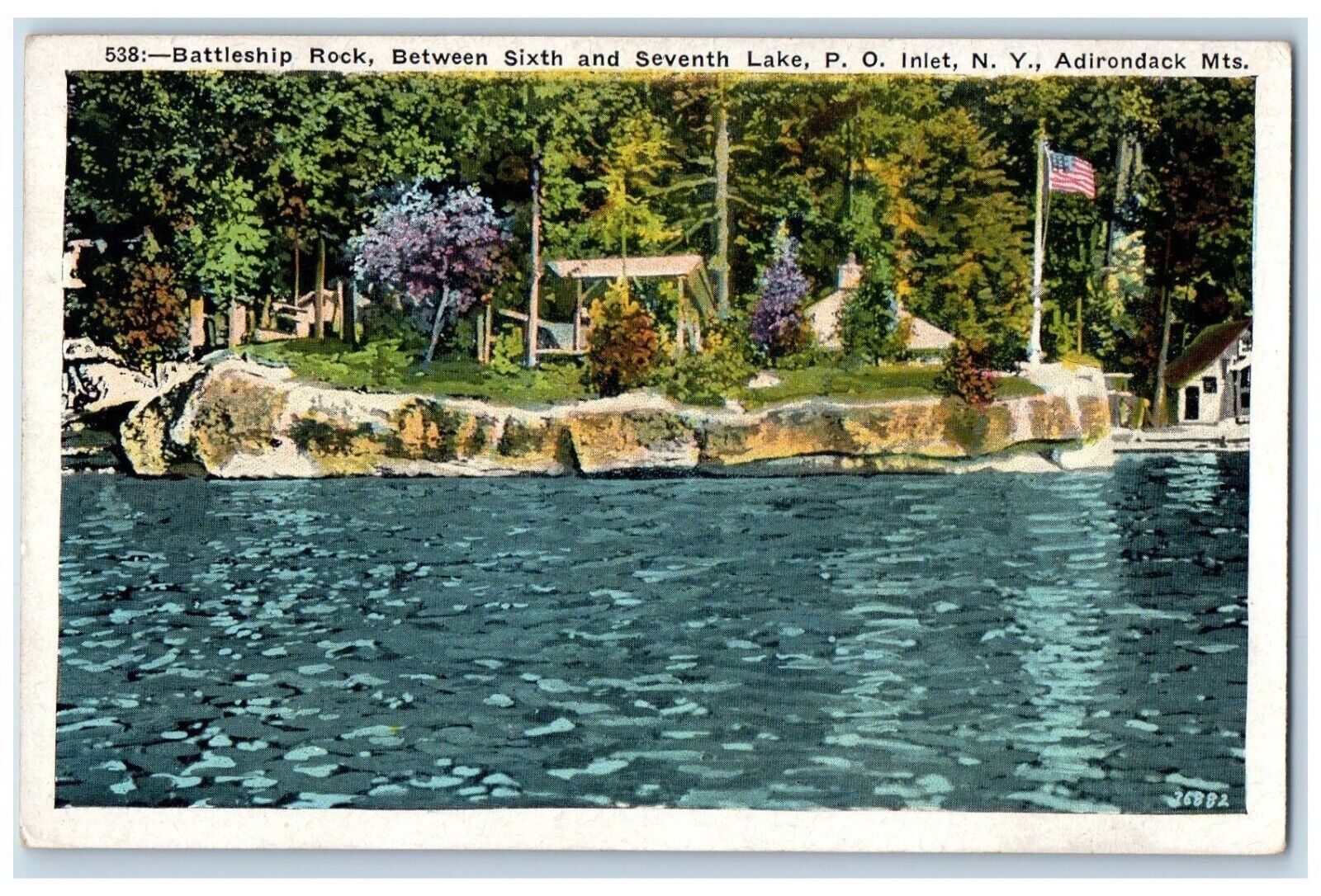 1934 Battleship Rock Between Sixth Seventh Lake Inlet Adirondack Mts NY Postcard