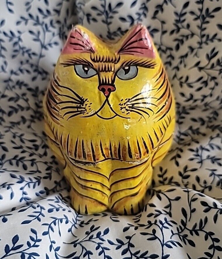 Vintage Hand Painted Paper Mache Cat Orange Tabby Trinket Box