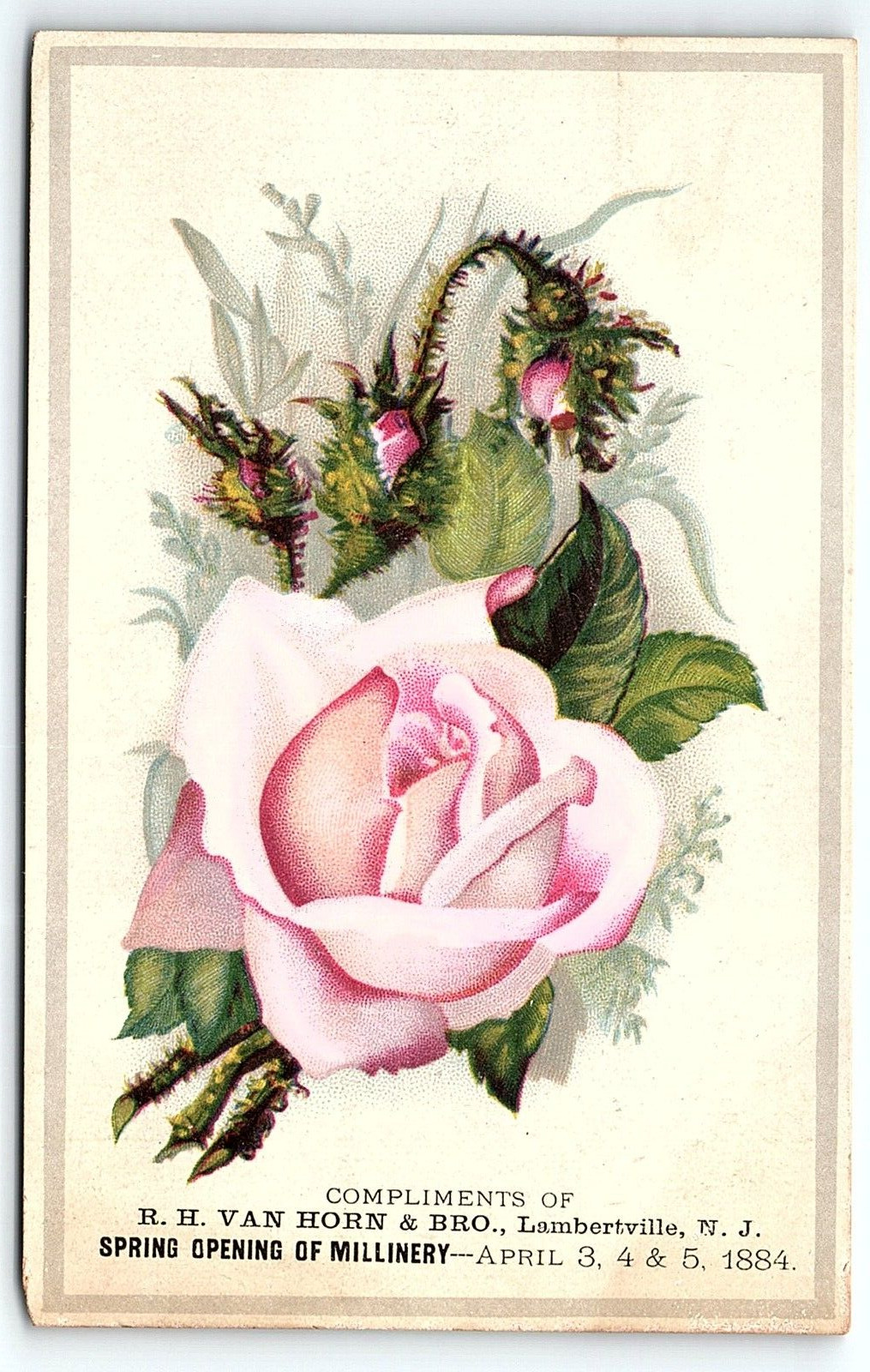 1884 LAMBERTVILLE NJ R.H. VAN HORN & BRO MILLINERY EMBOSSED TRADE CARD P1904