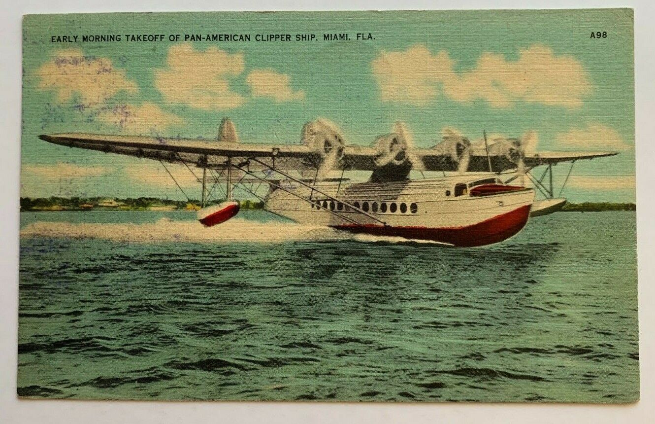 1939 Pan American Postcard PAA Pan Am Clipper Ship Miami Florida Takeoff Airline