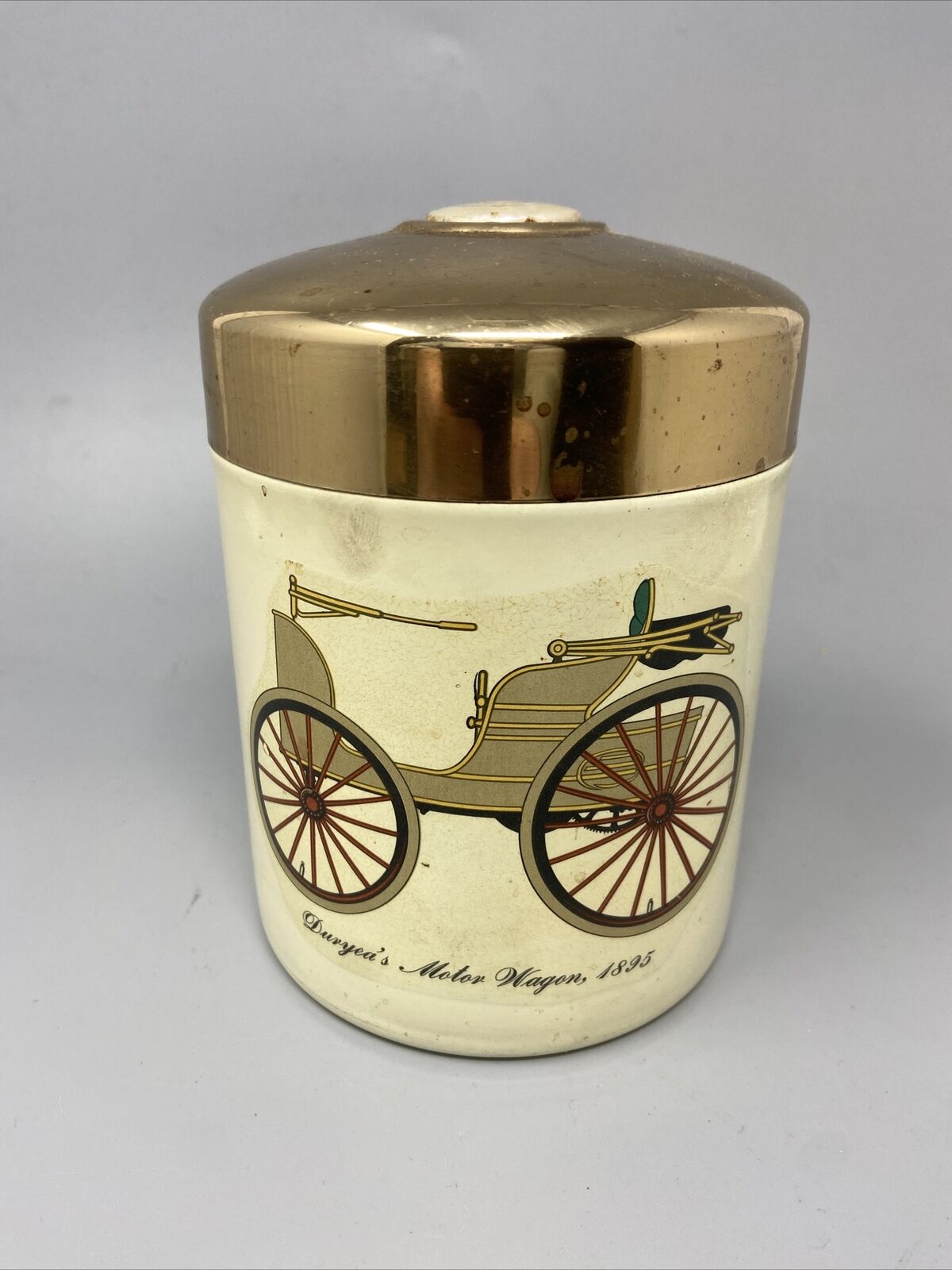 Vtg 1970s Duryea Motor Wagon 1895 Tobacco Tin Canister with Lid 5.5