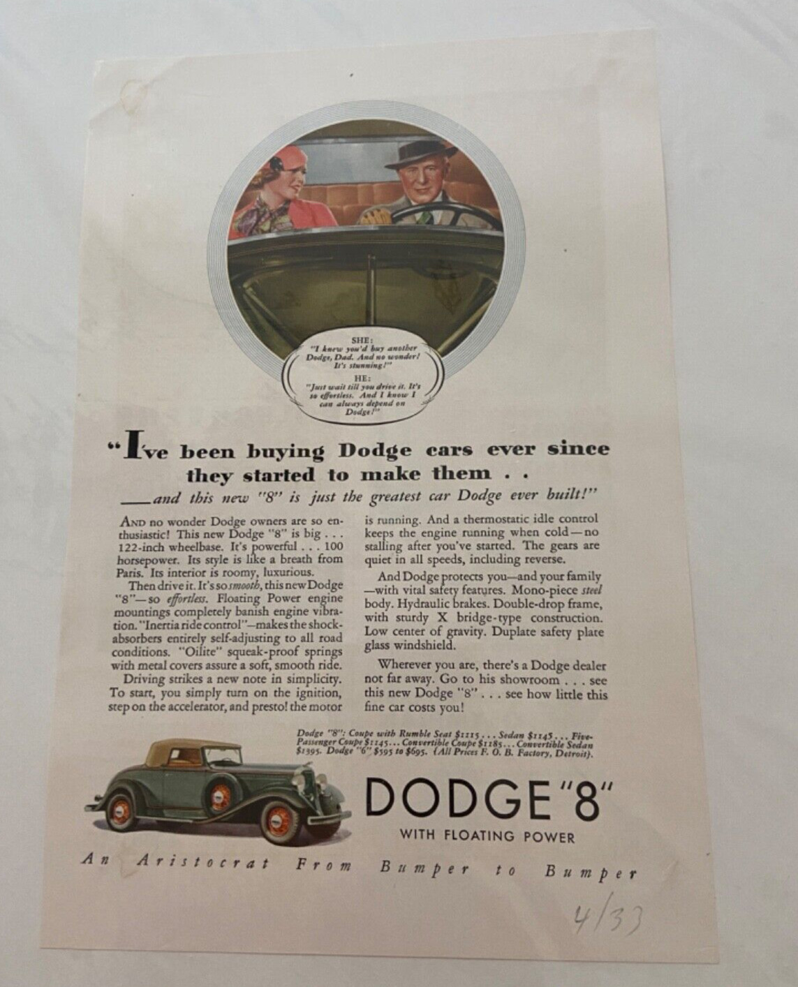 1933 1926 1927 DODGE MOTOR CARS Automobile Vintage Orig Magazine 3 PRINT ADS 