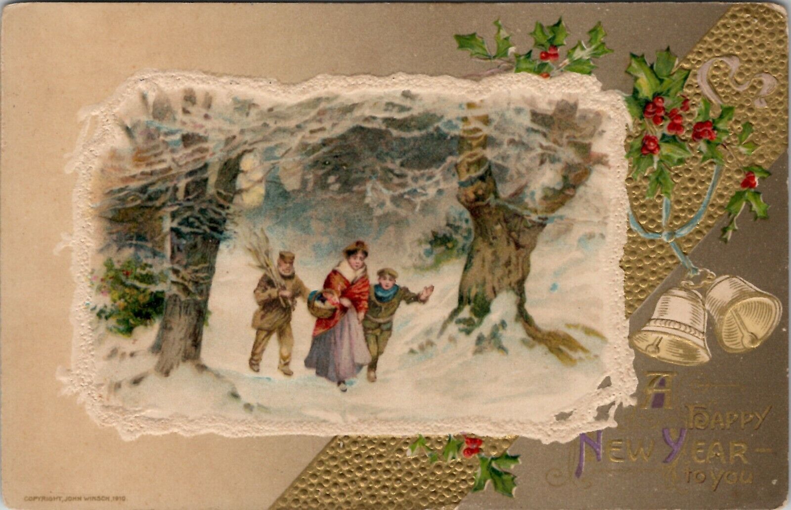 New Years John Winsch Family Snow Flock Night Scene 1912 Embossed Postcard V4