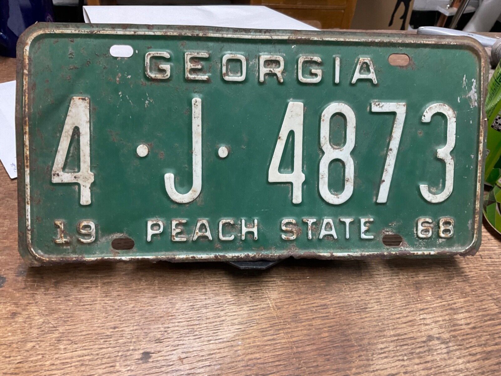 License Plate Tag Georgia GA 1968 4 J 4873 “Peach State” Rustic USA