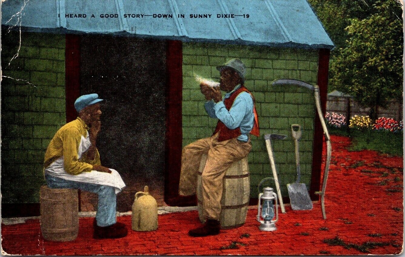 I Heard A Good Story Down In Dixie Black Americana Cabin USA Vintage Postcard