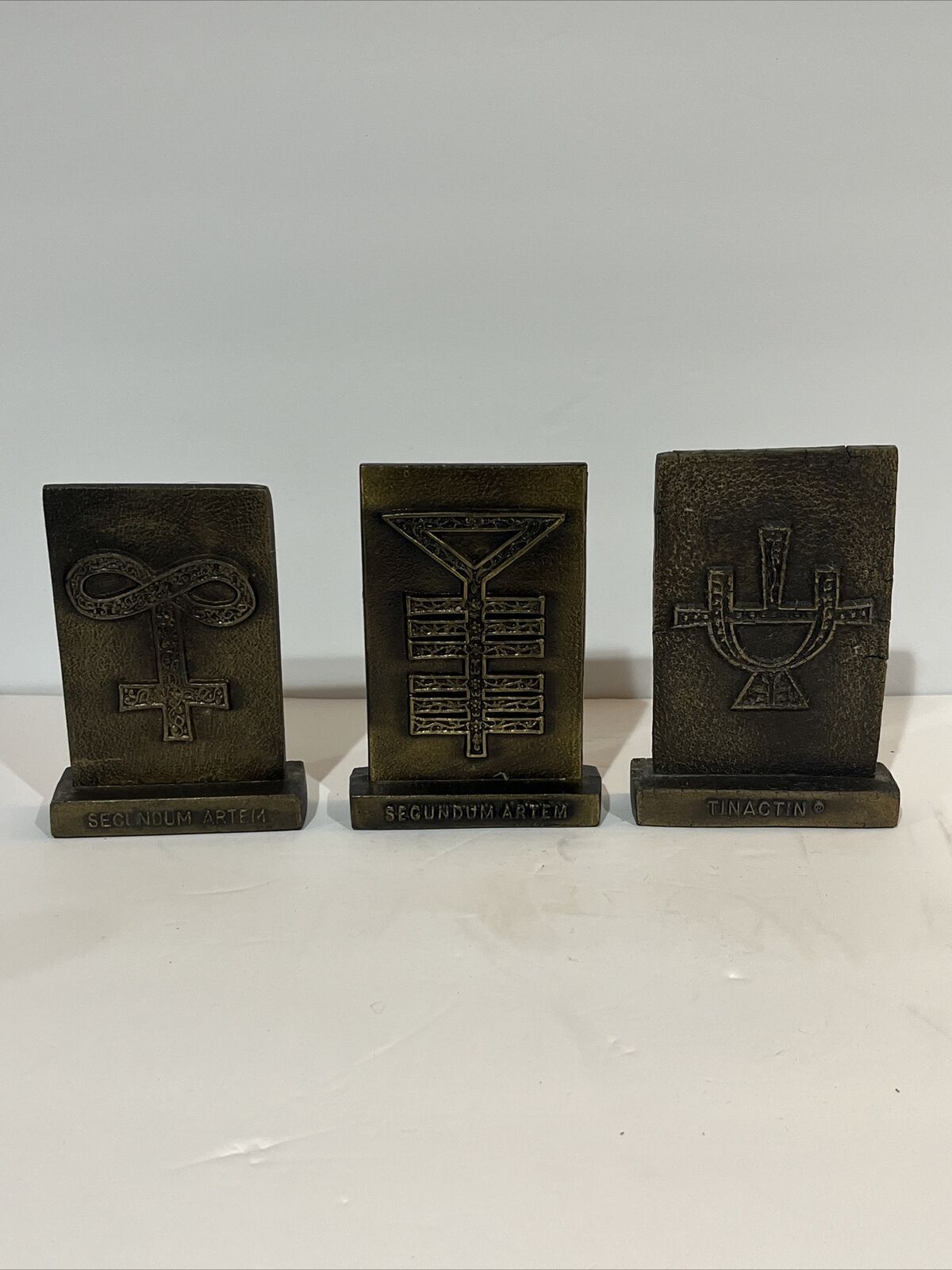 1977-79 Tinactin Apothecary Symbols Pharmacy 3 Bronze Metal Paperweight Bookends