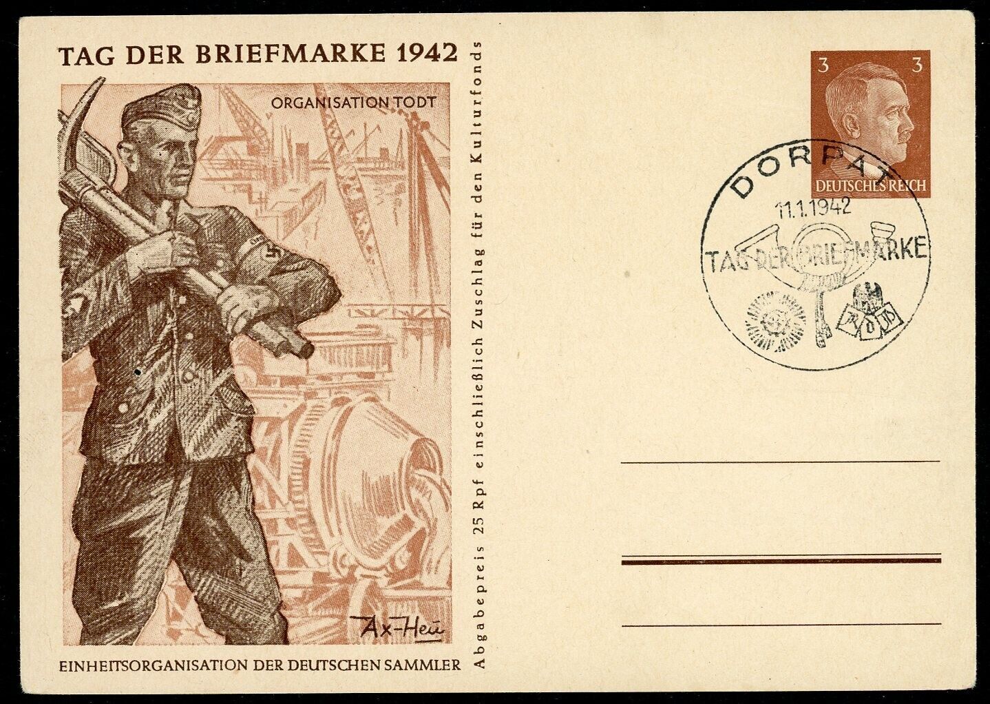 Tag der Briefmarke German Postcard ORG TODT Adolf Hitler Stamp Swastika Postmark
