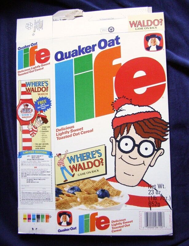 Quaker Oat Life Vintage Cereal Box 1990 Where’s Waldo Watch Offer & Box Back