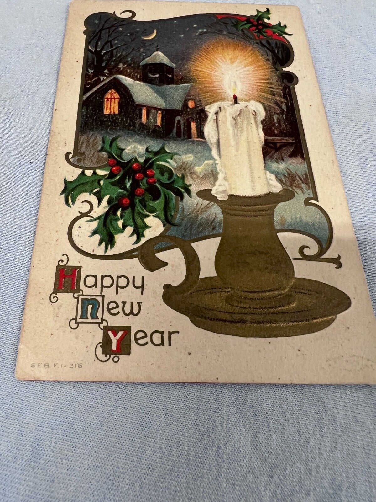 Happy New Year Greeting Snow House Candle Light Printed Holiday Postcard