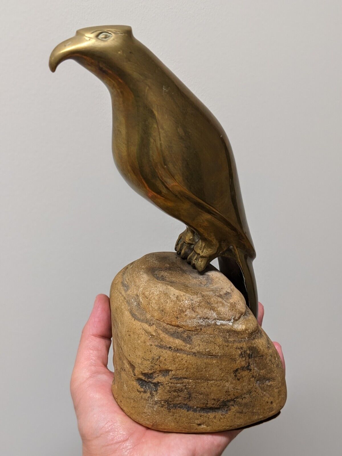 Sarreid Brass Falcon Perched on Rock. MCM 60's 70's Art Sculpture 