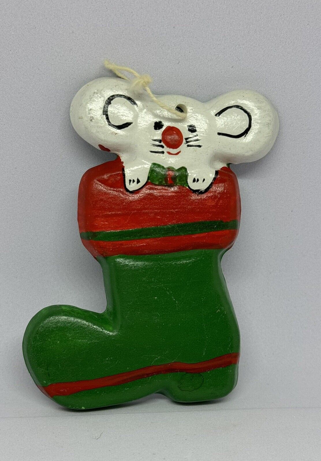 Vintage 1974 Hand Painted Ceramic Christmas Mouse In stocking Ornament