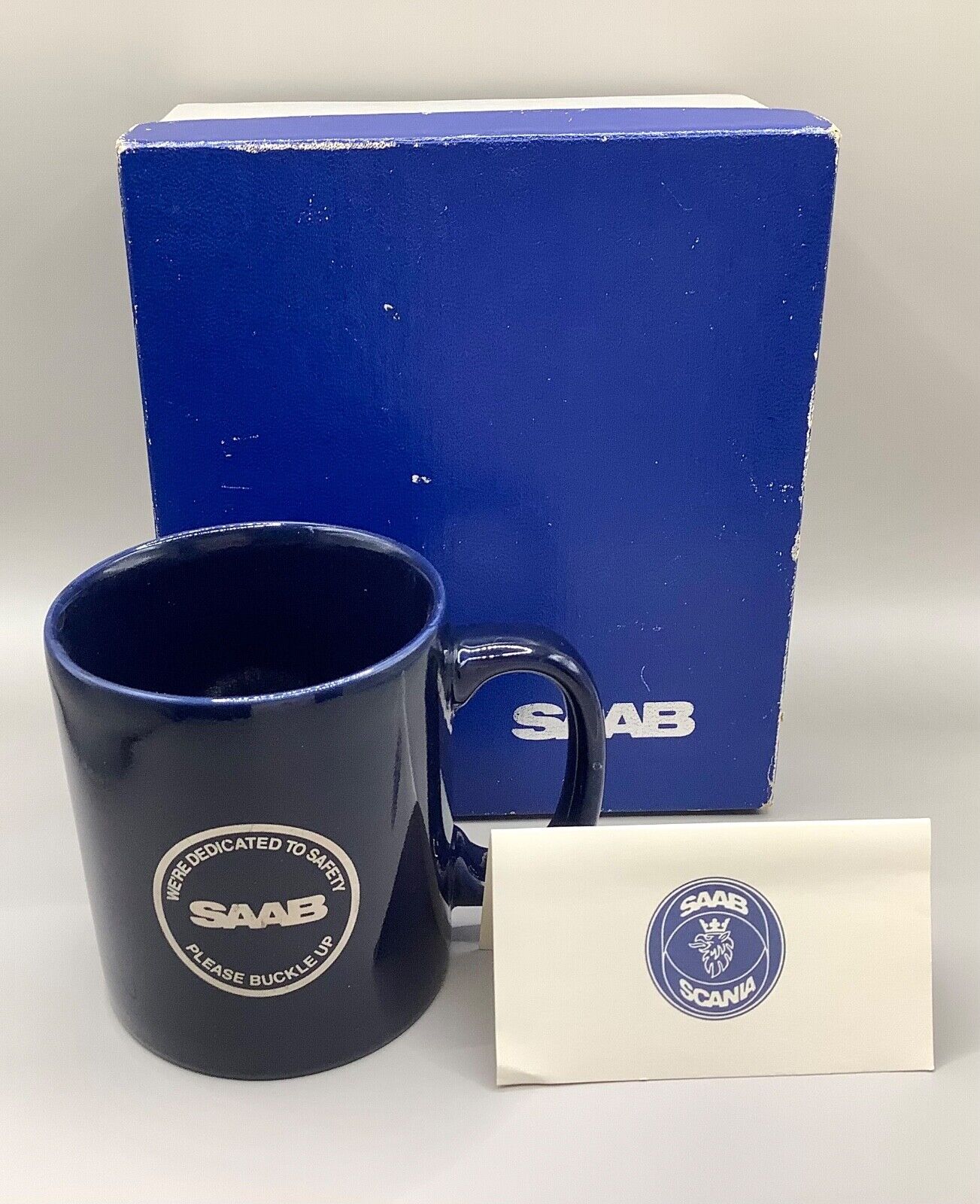 VTG Saab Scania Mug Blue Staffordshire England Kiln Craft w/ Original Box