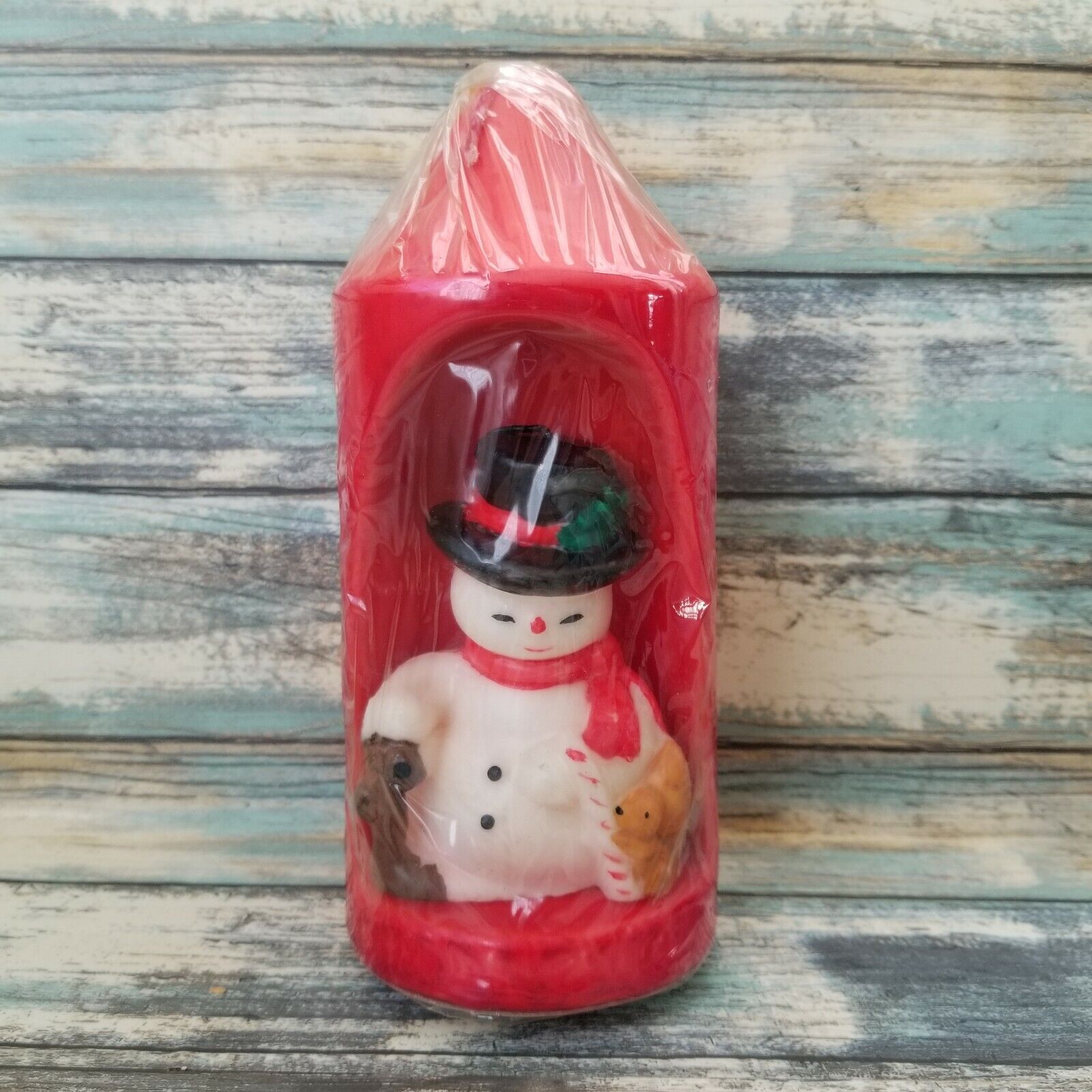 Vintage 1970s Rainbow-Lite Holiday Red Pillar Candle Matching Snowman Candle 