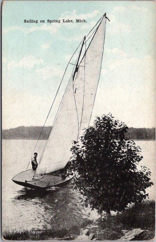 Vintage 1919 SPRING LAKE Michigan Postcard Sailing / Sailboat Scene / Dated 1919
