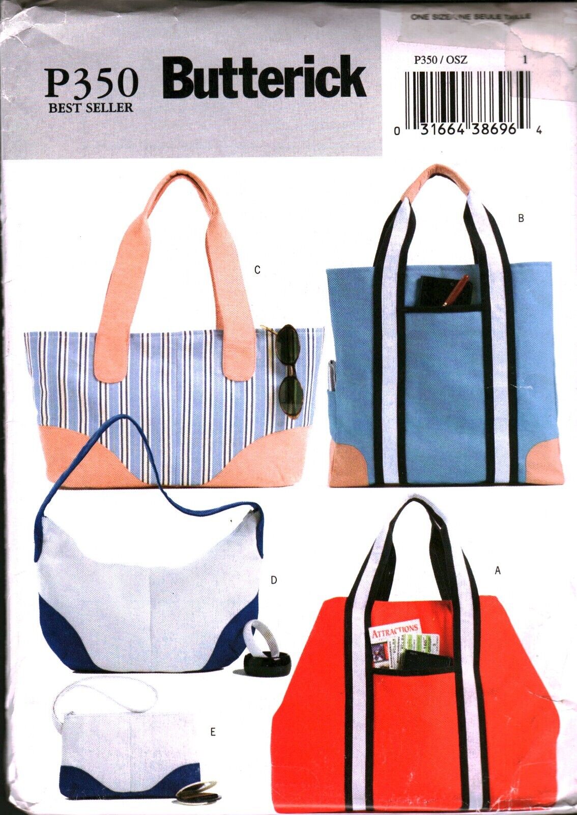 350 Butterick SEWING Pattern CRAFT Beach Shopping Bag Purse Tote OOP Grocery