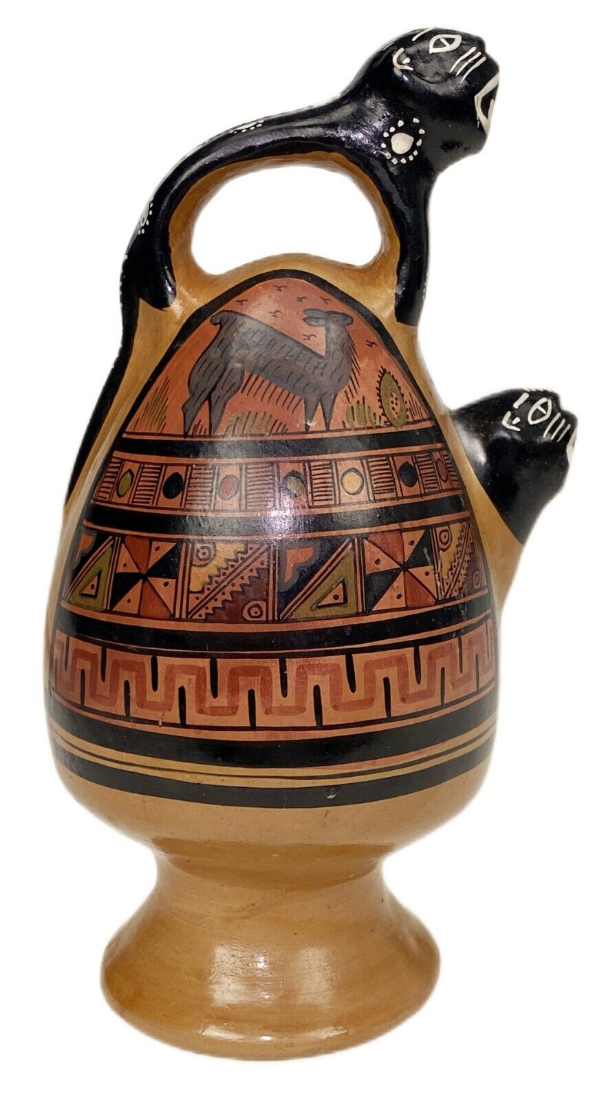 8” Pottery Chicha Jug Pitcher Peru Tribal Native Ethnic Inca Folk Art Jaguar