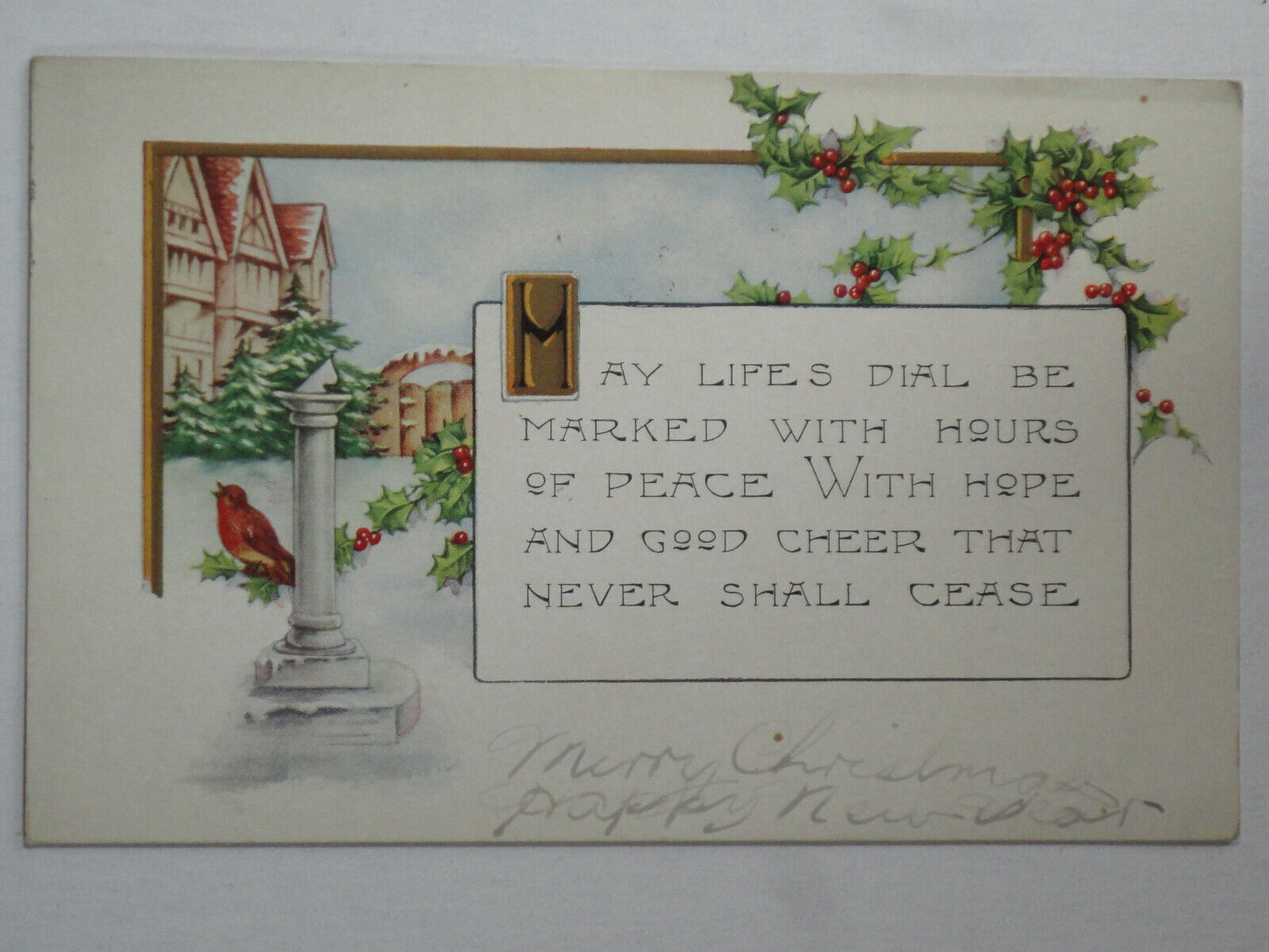 Antique Whitney Made Embossed Christmas Postcard 1923 Holly and Red Bird