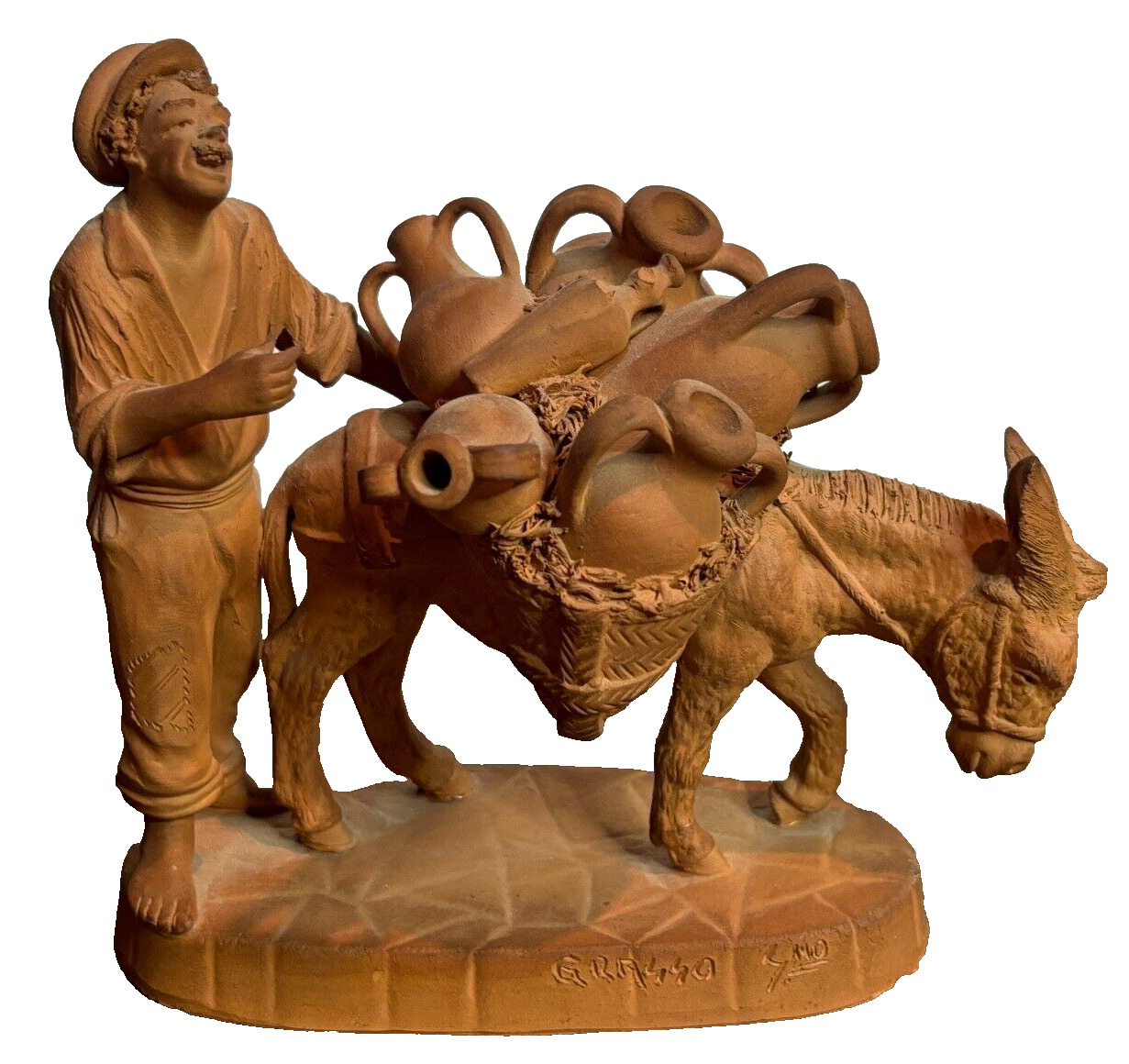 Vintage 1950s Grasso Italy Terracotta Figurine Clay Statue Merchant Man Donkey