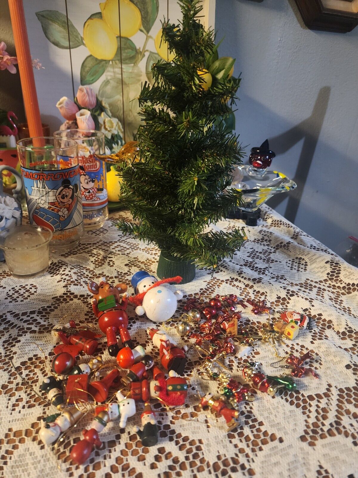 Vintage German Wood Mini Ornaments, Metallic Mini Ornaments And Vintage Tree