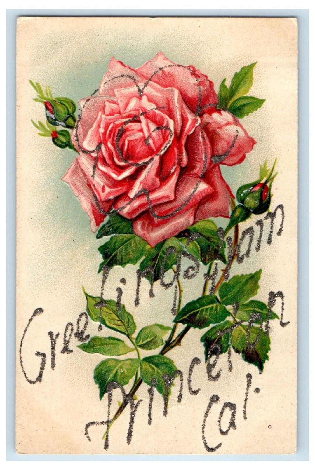 c1910\'s Greetings From Princeton California CA, Pink Rose Embossed Postcard
