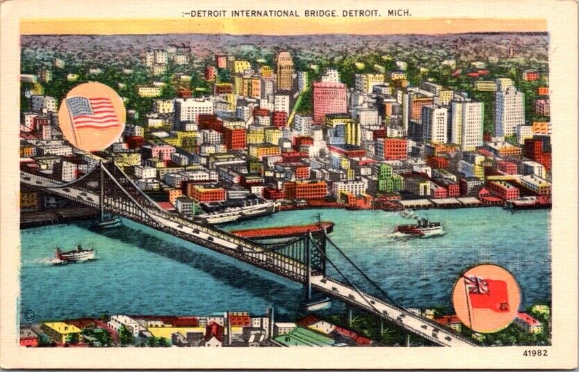 Vintage Postcard International Bridge Detroit Michigan MI c.1930-1945 Flags R579