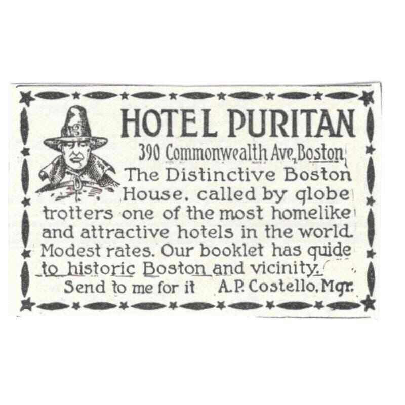 Hotel Puritan A.P. Costello Boston c1918 Original Advertisement AE5-SV6