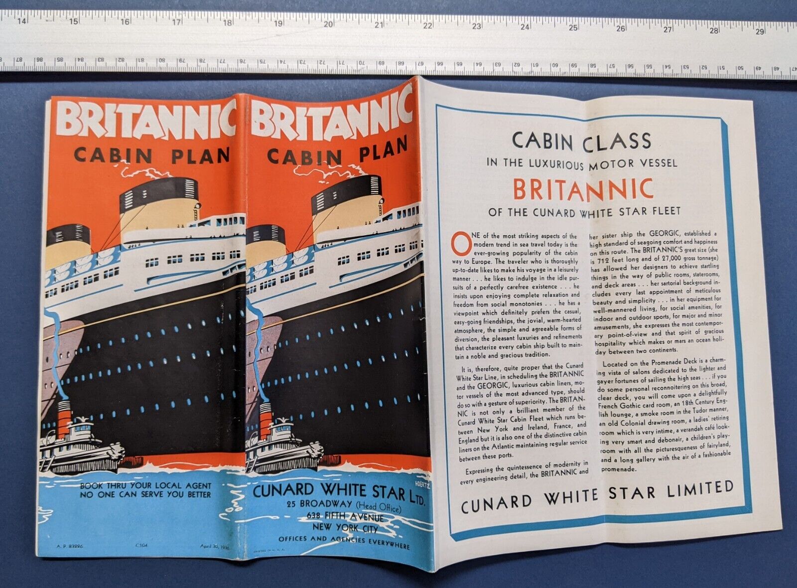 Cunard White Star Line - Motor Vessel BRITANNIC (1930) Deck Plan (April, 1936)