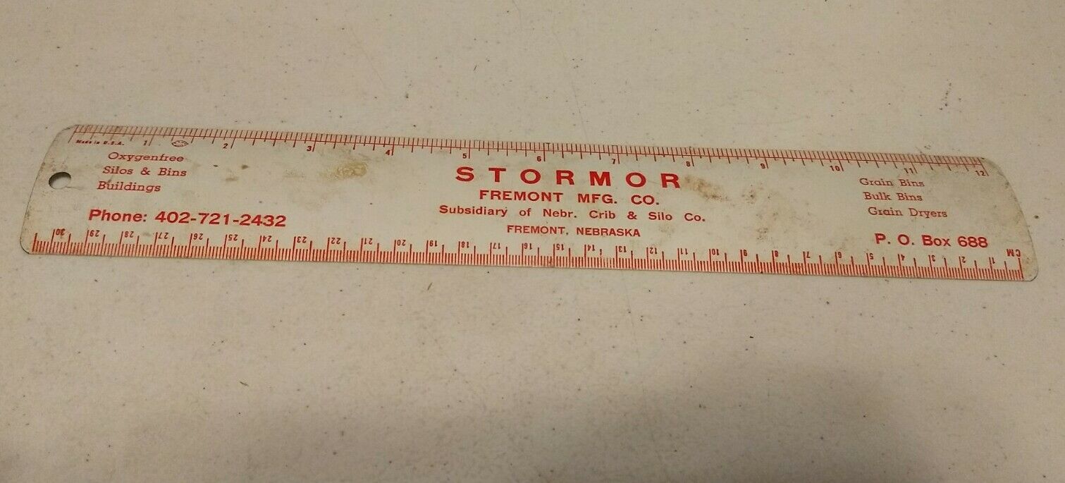 Vintage Stormor Fremont MFG Co Nebraska Crib & Silo Co Advertising Metal Ruler