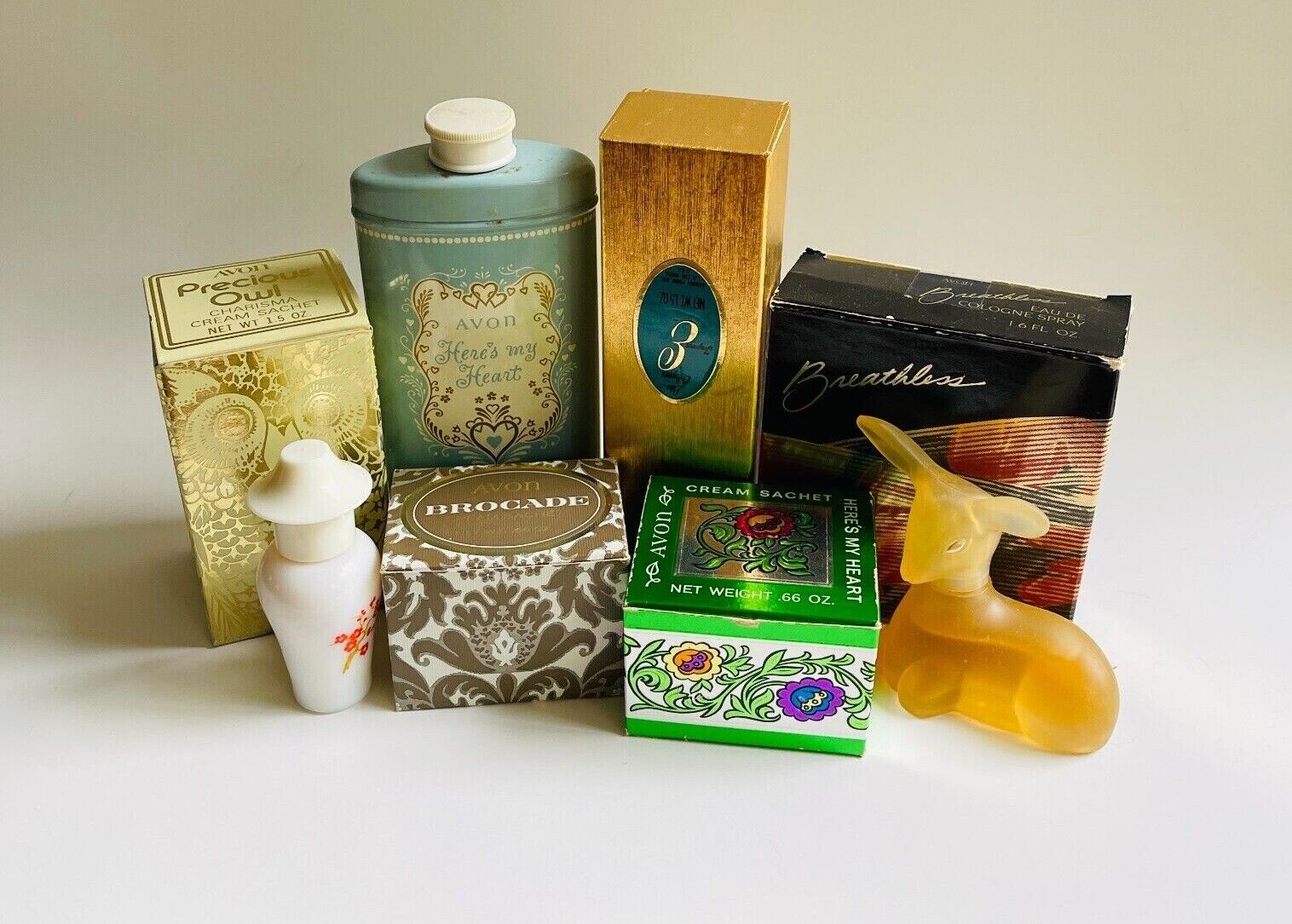 8 Vintage Avon Perfumes & Cream Sachets Breathless Precious Owl Doe Talc Lot 