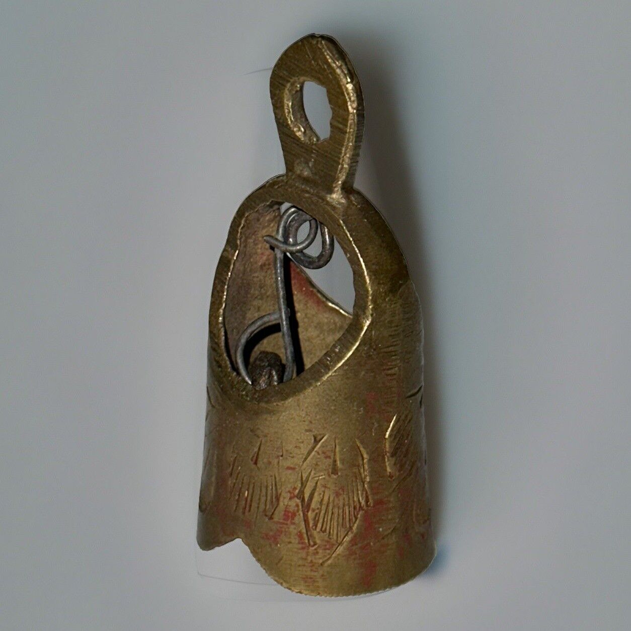 Vtg TINY SOLID BRASS HAND BELL Hand Etched 2\
