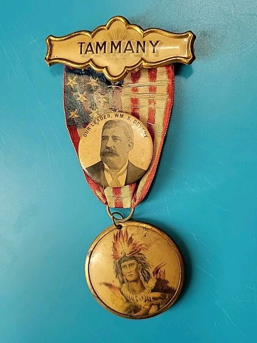 Antique 1902 Tammany Hall NY & Devery Pin Democratic Native American Chief Medal