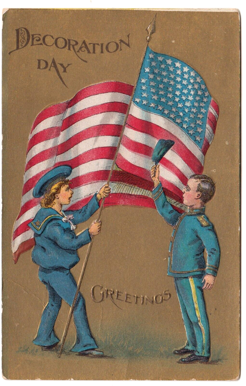 c1909 Vintage Decoration Day Embossed Postcard ~ Boys Wave Flag & Remove Hat