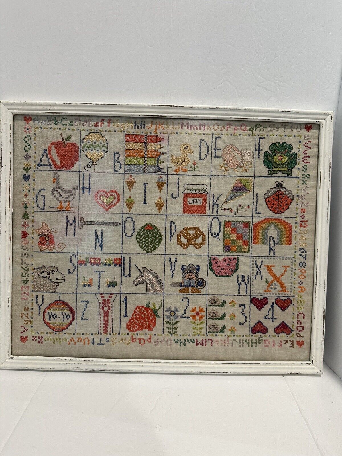 Vintage 17x20” Framed Cross Stitch Alphabet Sampler Farmhouse Decor