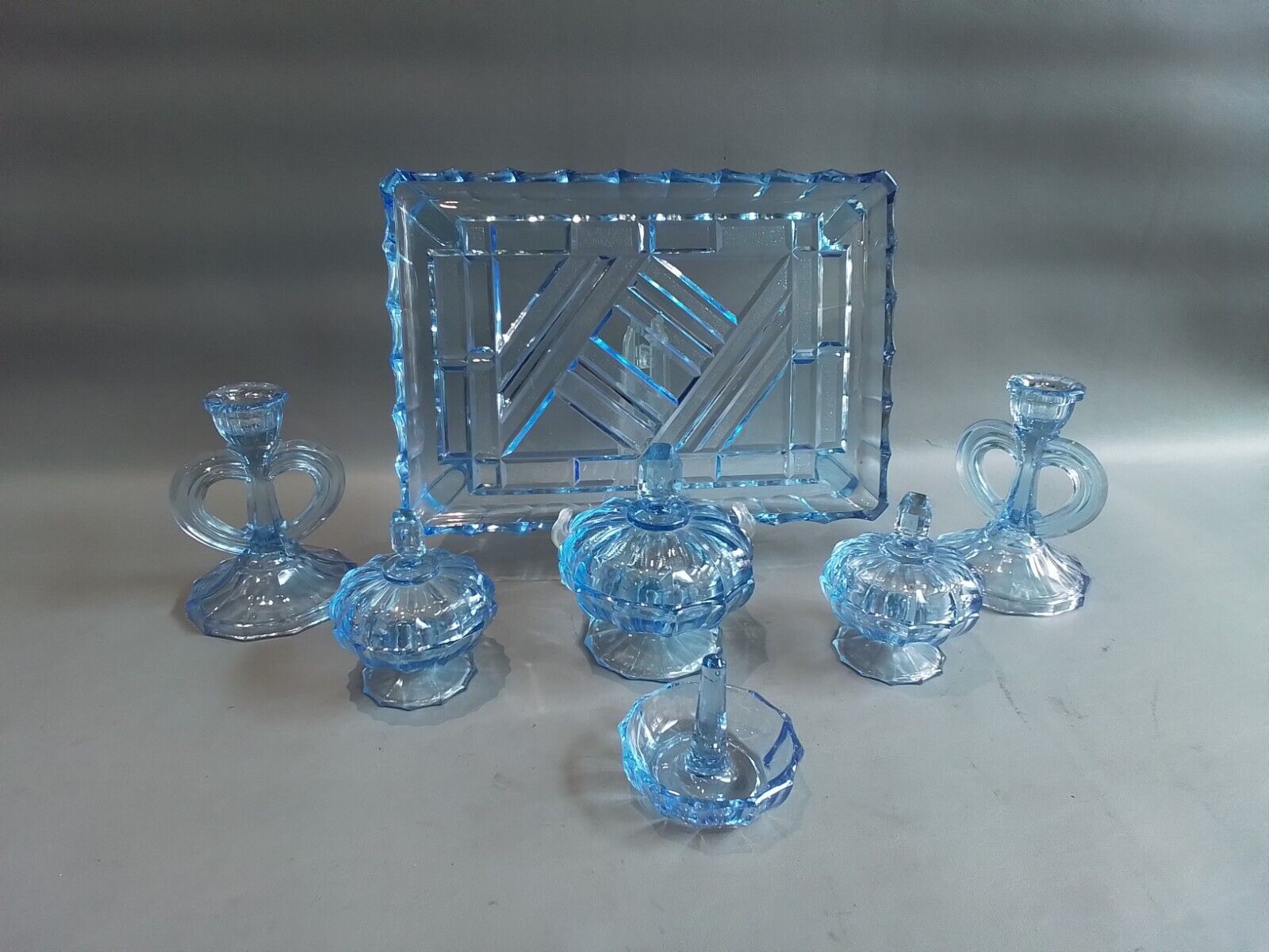 Art Deco Blue Glass Vanity Set. Read Description