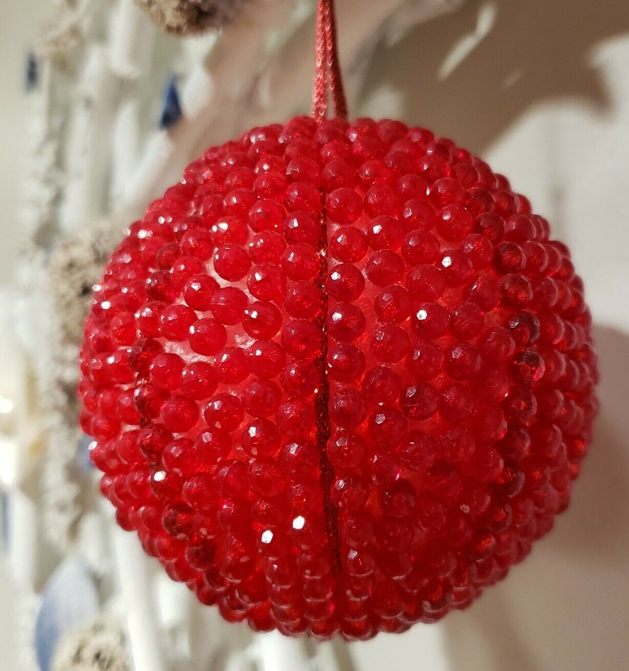 Vintage Red Beaded Hand Made Christmas Ornament W/ Hanger