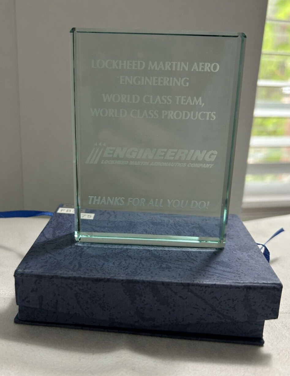 Lockheed Martin Engineering Etched Glass Paperweight in Original Box