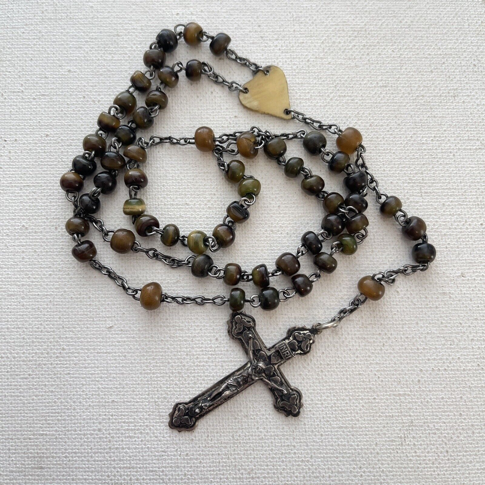 Vintage Irish Cattle Horn Dyed Green Bead Chain Sterling Rosary Crucifix