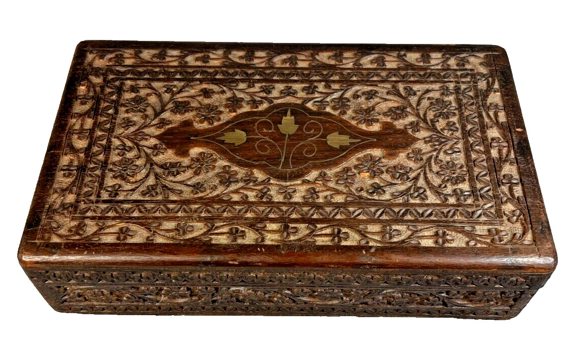 Vintage Hand Carved Wood Hinged Trinket Jewelry Vanity Box, Floral, India