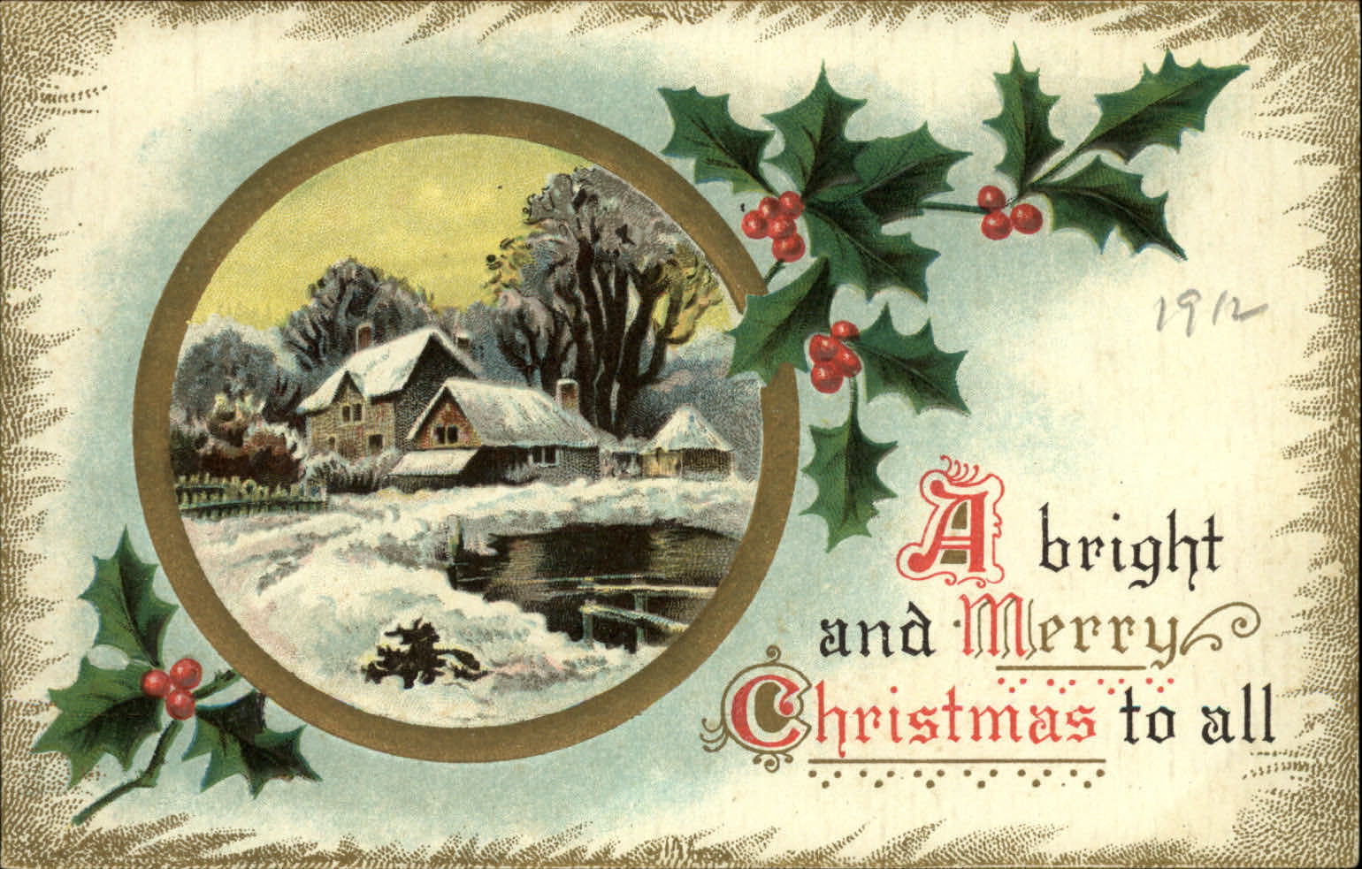 CHRISTMAS snowy farm scene Old English font gold 1912 unused embossed postcard