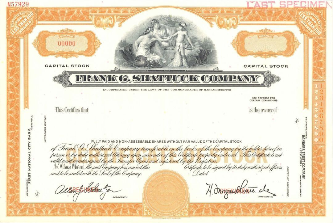 Frank G. Shattuck Co. - Specimen Stock Certificate - Shattuck Bought Out Schraff