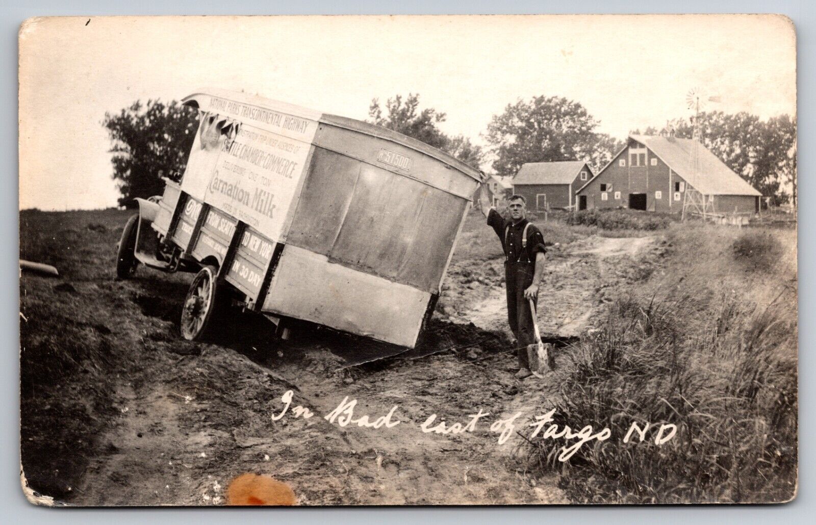 Carnation Milk Dairy Truck Stuck in Mud East of Fargo North Dakota c1915 RPPC